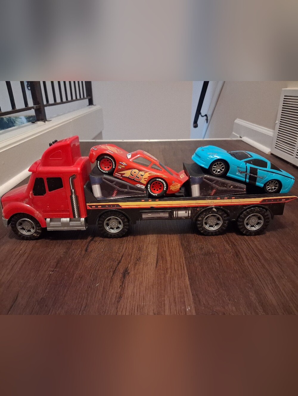 Red Lightning Race Car Toy - Kids Truck Trailer Playset